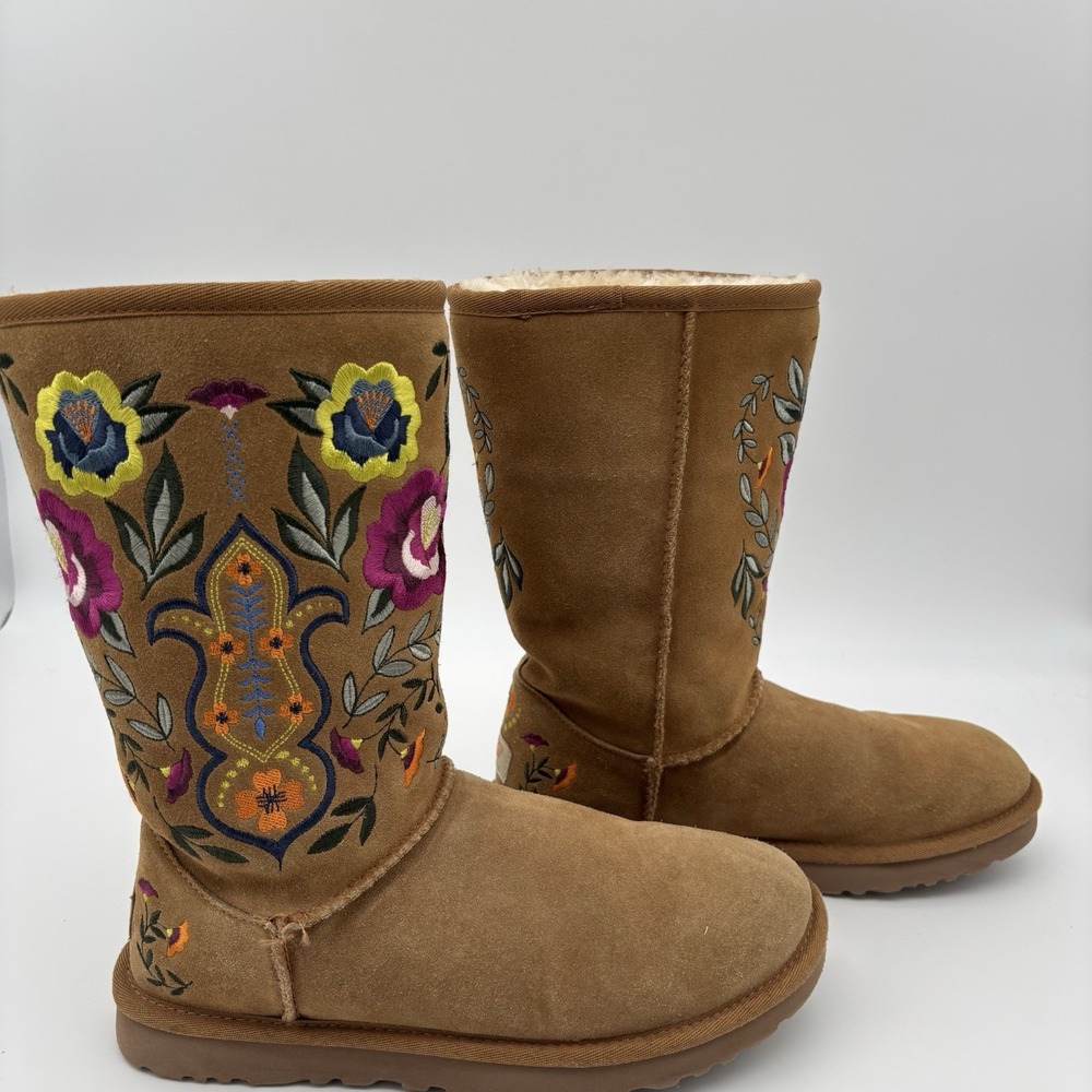 Y2K UGG Boots Juliette Floral Embroidered Chestnut Suede Winter Lined Size US 7